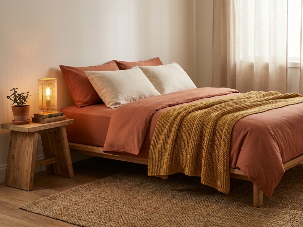 Terracotta bedsheet with cream pillows and mustard throw — warm energising bedsheet color idea for Indian bedrooms