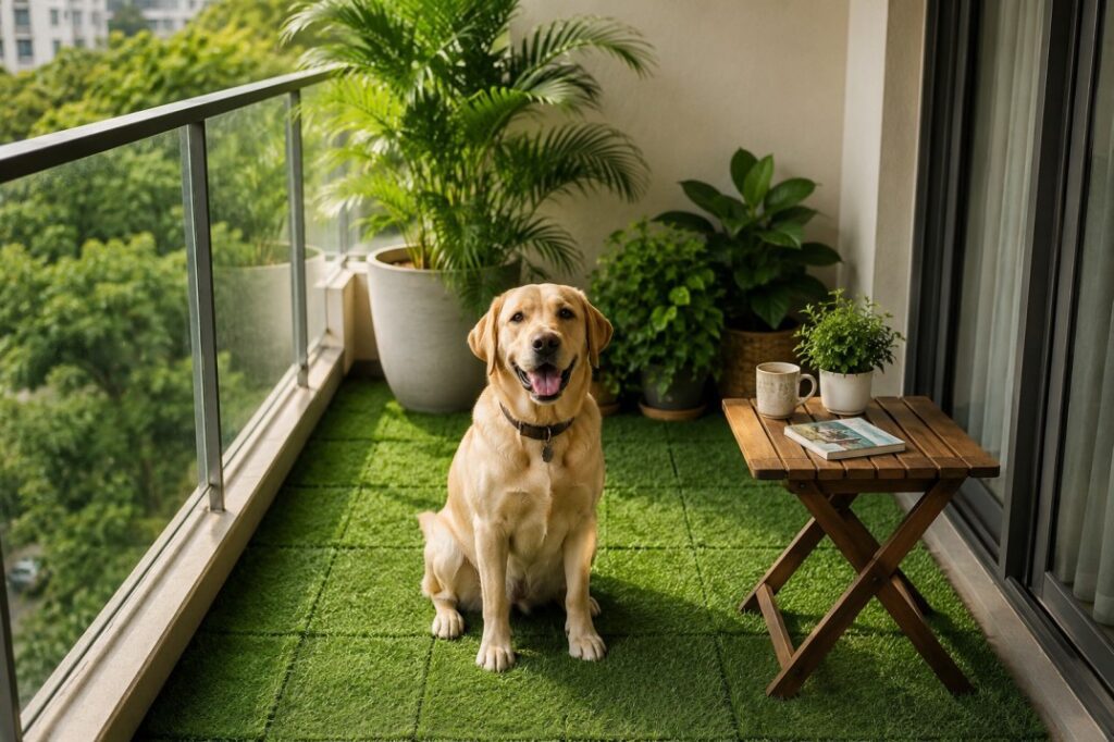 Artificial grass flooring on an apartment balcony with a dog sitting comfortably — a pet-friendly flooring option