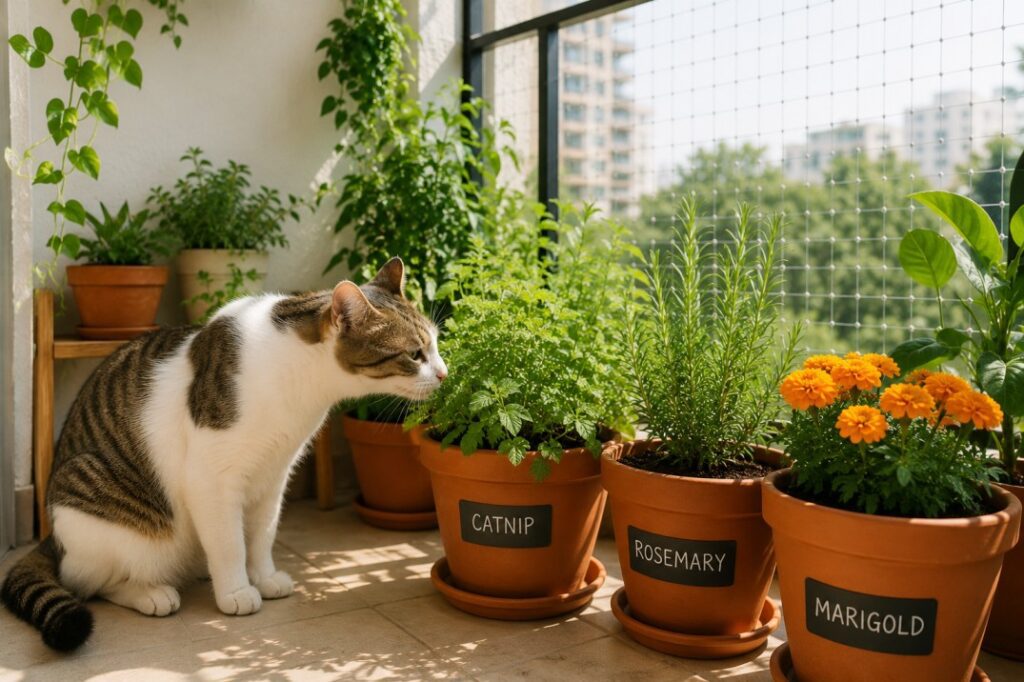 Pet-safe balcony plants like catnip and rosemary in terracotta pots with a curious cat — safe gardening for pet parents