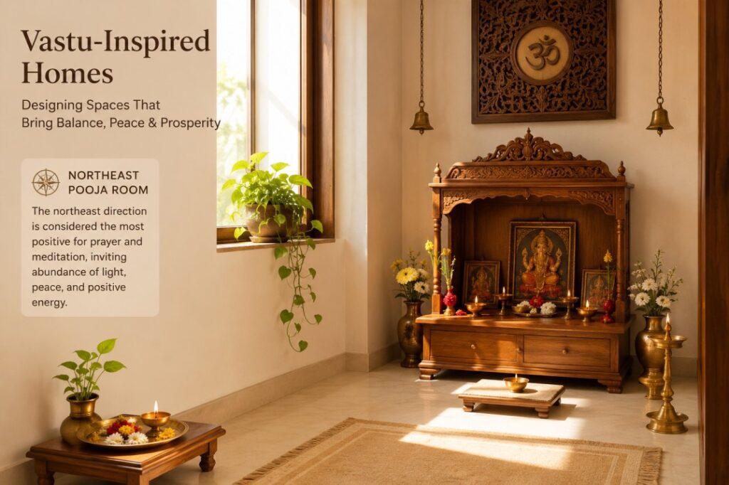 Vastu-compliant Pooja room in Northeast corner of Indian home with wooden mandir, brass diya, and natural light