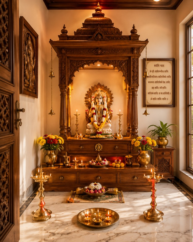 Traditional Indian Pooja room interior design with teak wood mandap, marble floor, and lit diyas