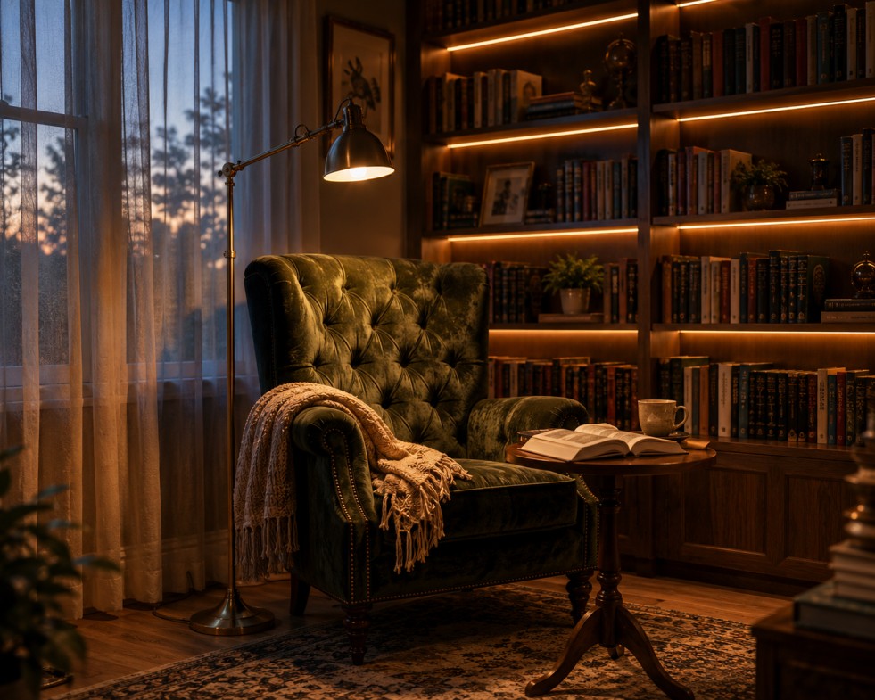Home library reading corner with layered lighting — floor lamp, shelf LEDs, and natural light from sheer curtains