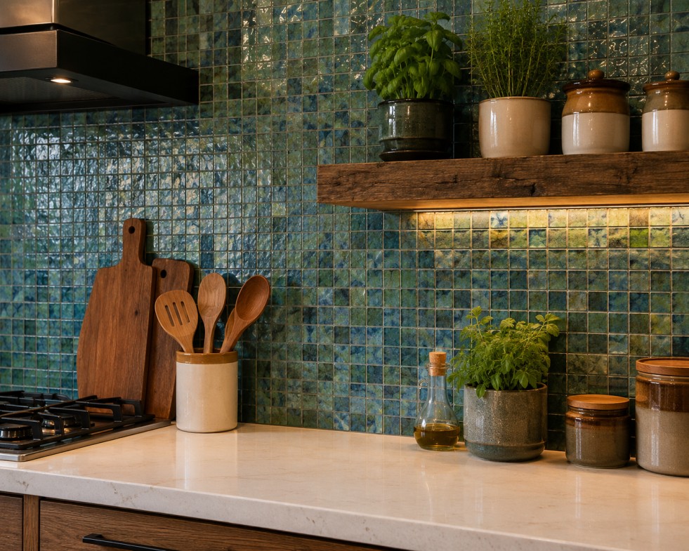 Recycled glass tile backsplash and reclaimed wood shelf in a sustainable kitchen interior