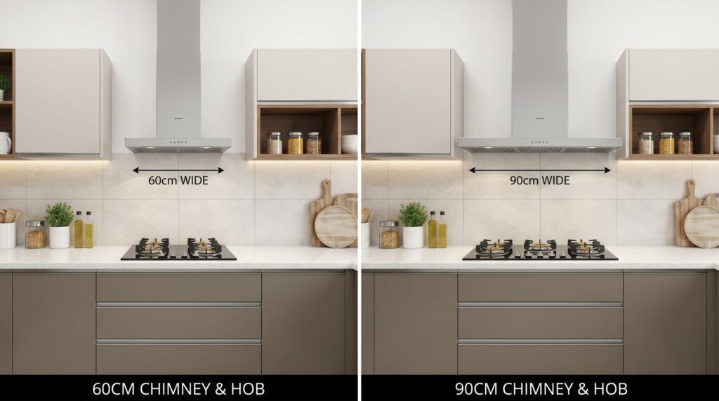 Kitchen chimney size comparison — 60cm vs 90cm chimney above Indian gas stove — buying guide