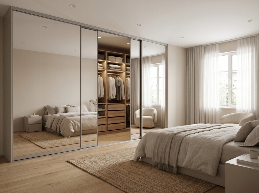 Sliding door wardrobe with mirrored panels in a modern bedroom – latest wardrobe design by Furnofy