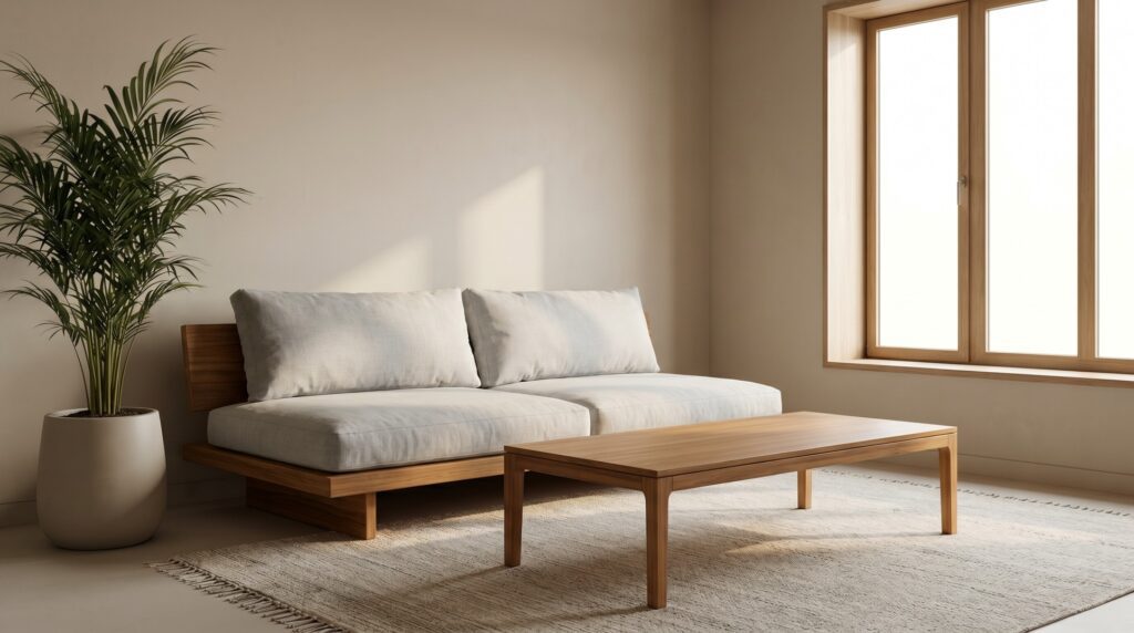 Low-profile minimalist wooden furniture with clean lines in an Indian living room — Furnofy