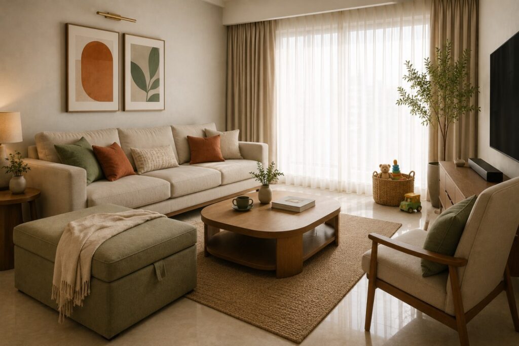 Child-safe rounded furniture and storage ottoman in a stylish family living room — Furnofy interior design