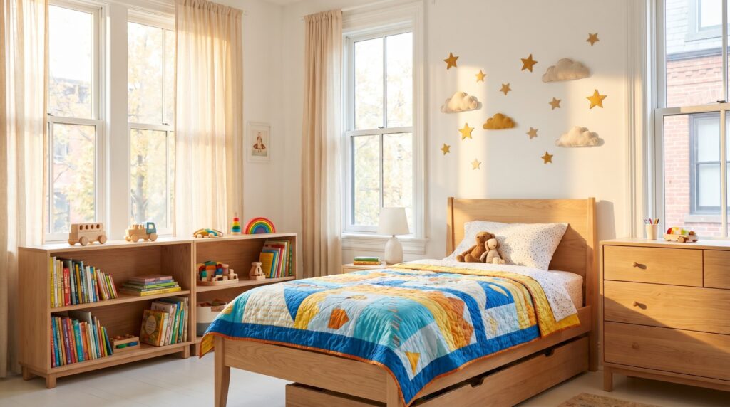 Stylish and child-friendly bedroom design with neutral base and colourful accents — Furnofy home design