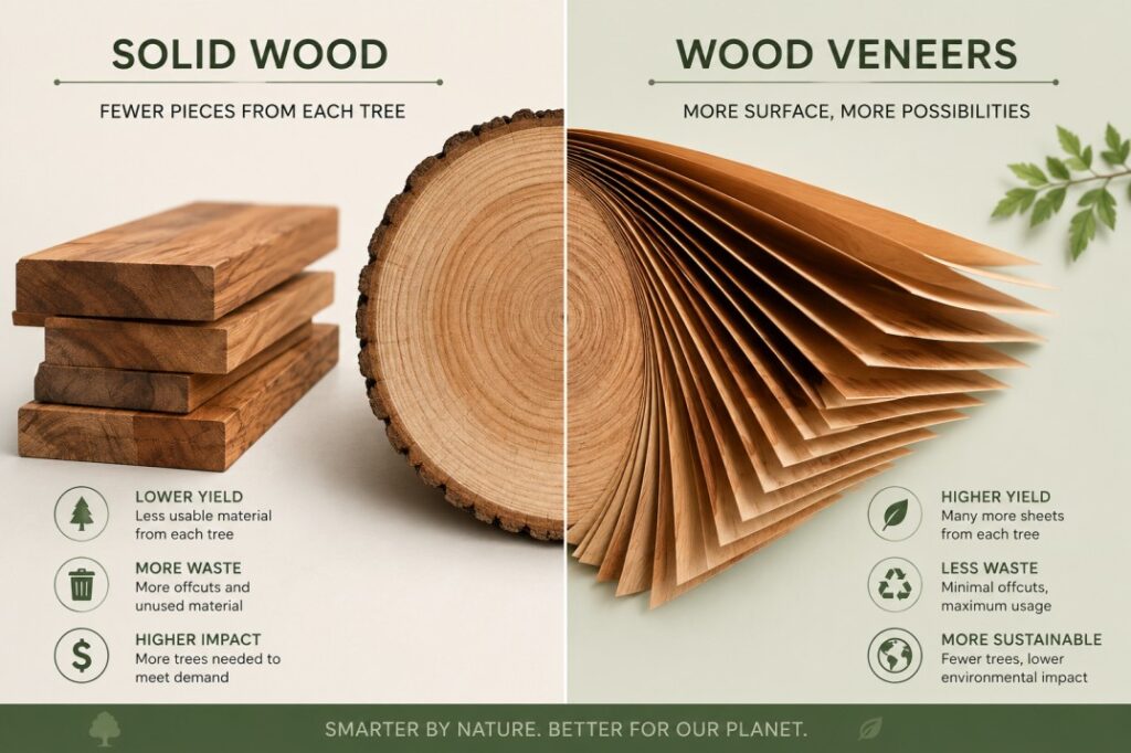 Comparison illustration showing how one log produces many veneer sheets versus fewer solid wood planks for furniture finishing