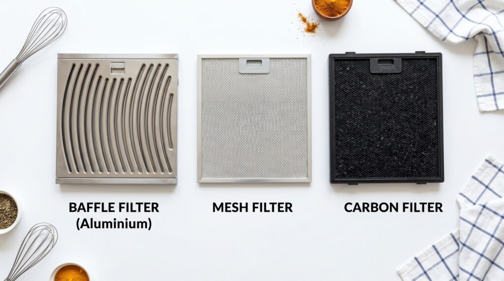 Baffle filter vs mesh filter vs carbon filter for kitchen chimney — comparison guide India