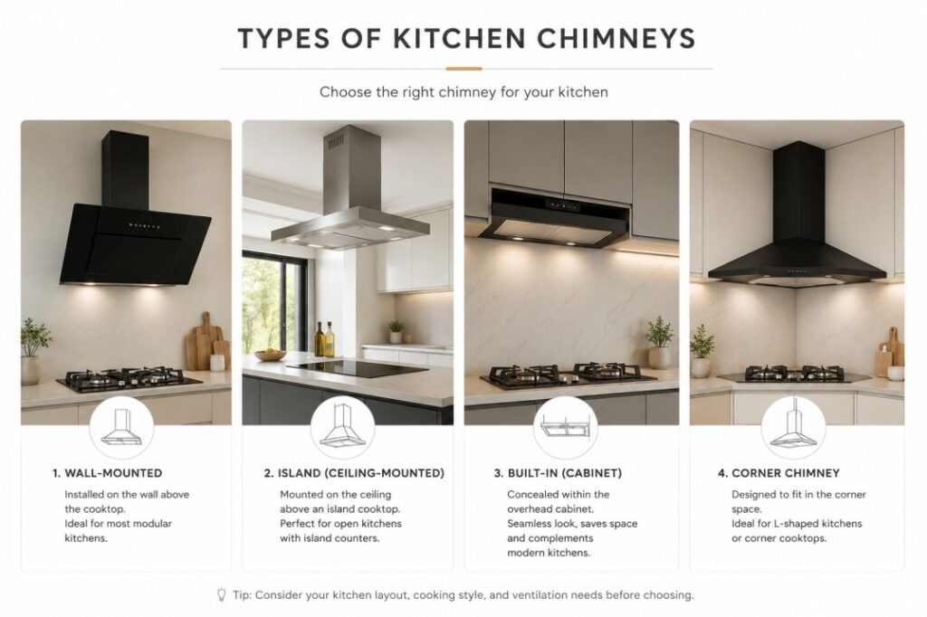 Different types of kitchen chimneys — wall mounted, island, and built-in chimney comparison for Indian kitchens