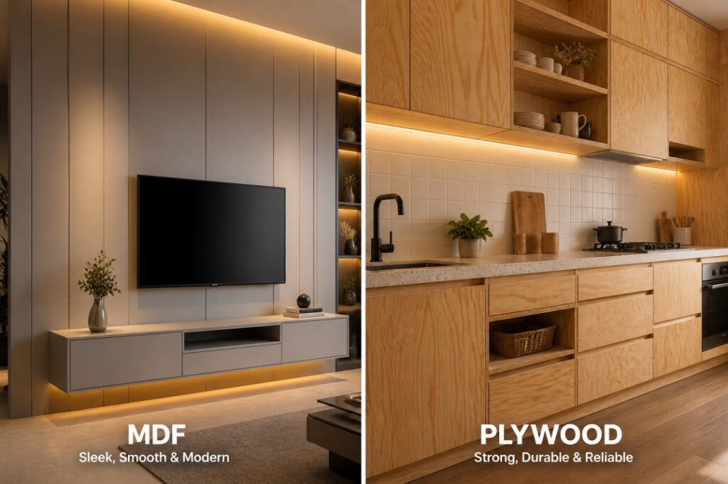 Interior split showing MDF decorative panels on one side and plywood kitchen cabinets on the other