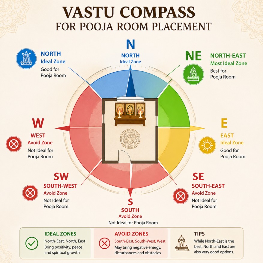 Vastu Shastra compass diagram showing best and worst directions for Pooja room placement