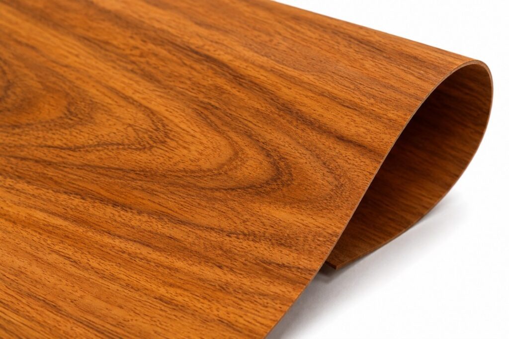 Close-up of teak wood veneer sheet showing natural grain pattern used in modern furniture finishing