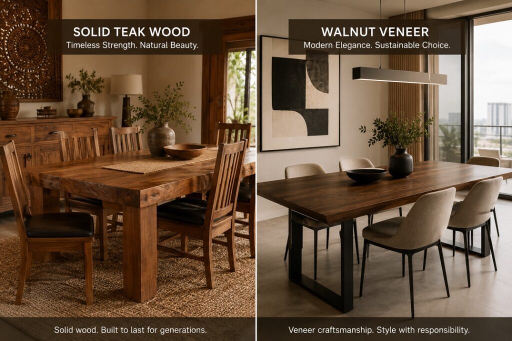 Side-by-side comparison of solid wood furniture and veneer-finished furniture in modern Indian home interiors