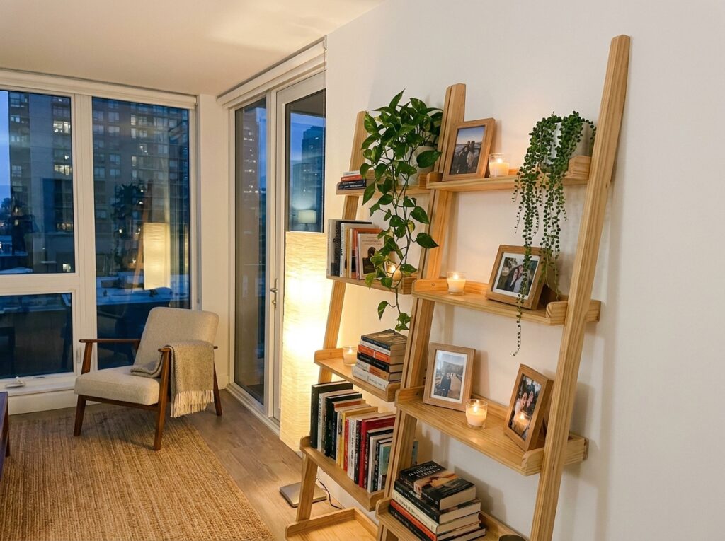 Freestanding ladder shelf with books and plants in rental apartment — vertical storage idea without drilling