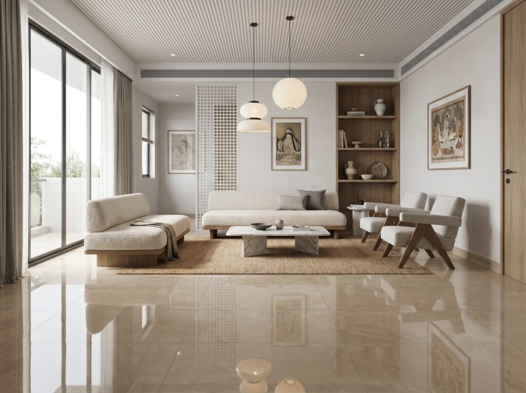Polished vitrified tiles in a spacious Indian living room — durable and low maintenance