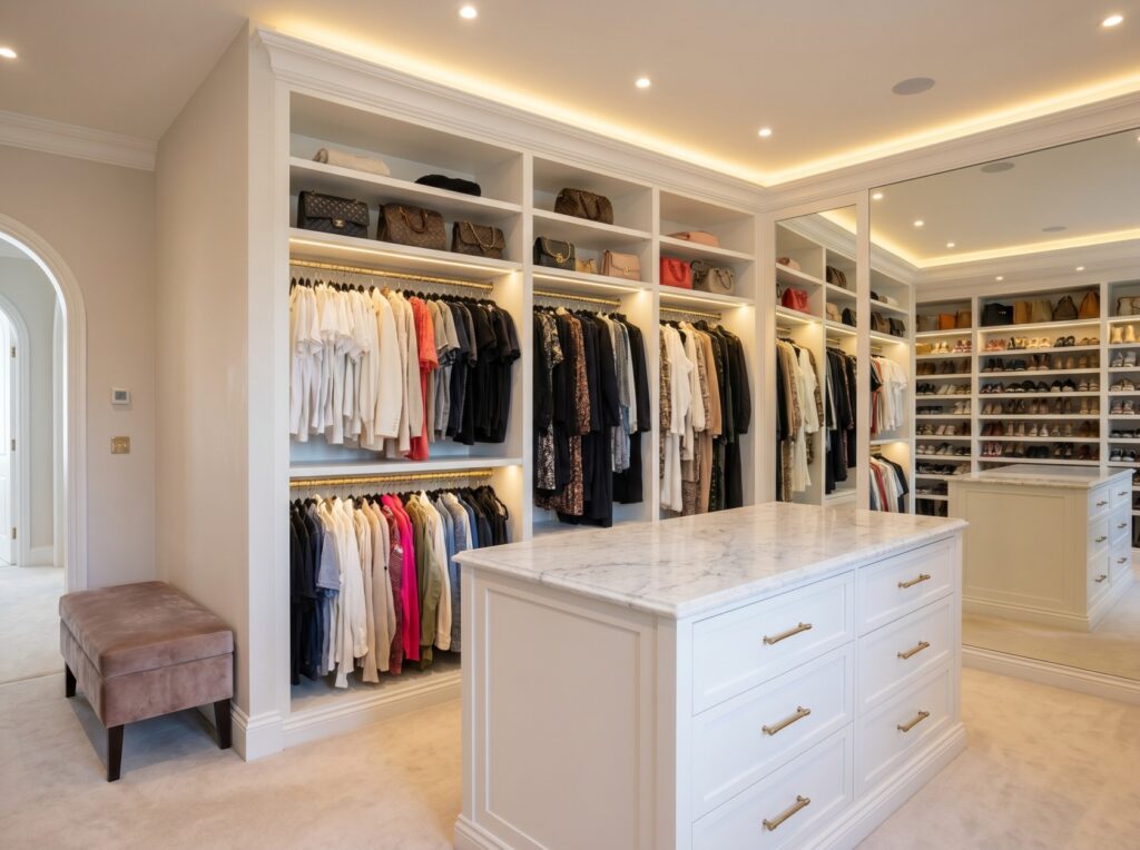 Spacious walk-in wardrobe with organized shelves, hanging rails, and a central island by Furnofy