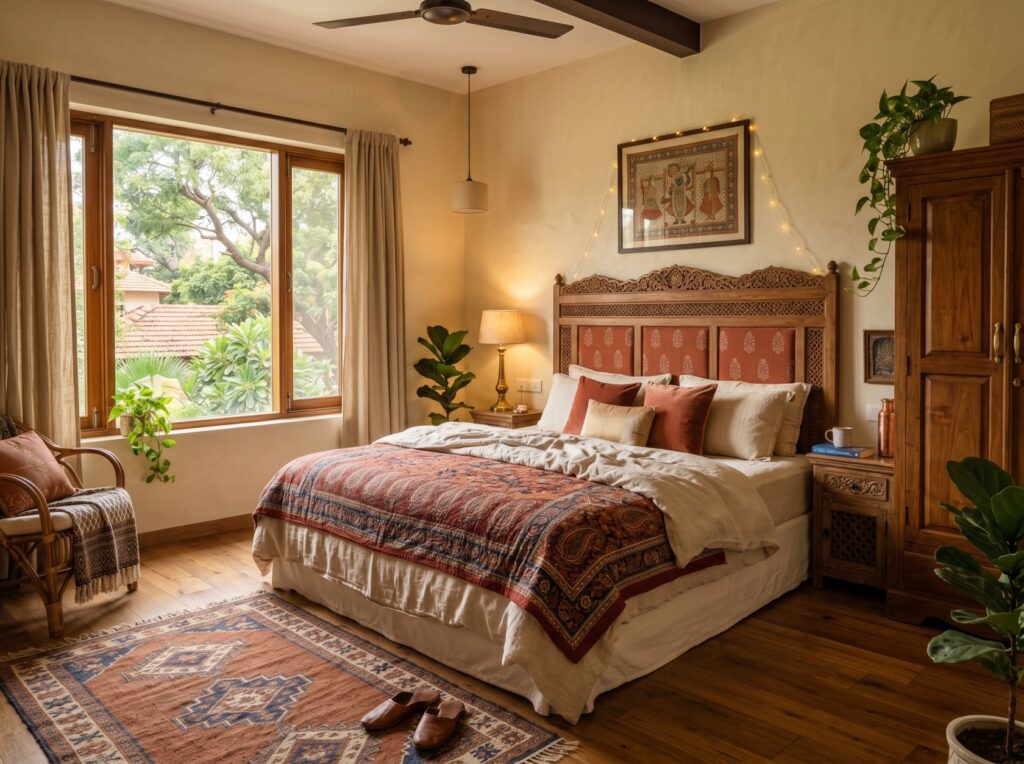 Warm hardwood flooring in an Indian bedroom — cozy and stylish