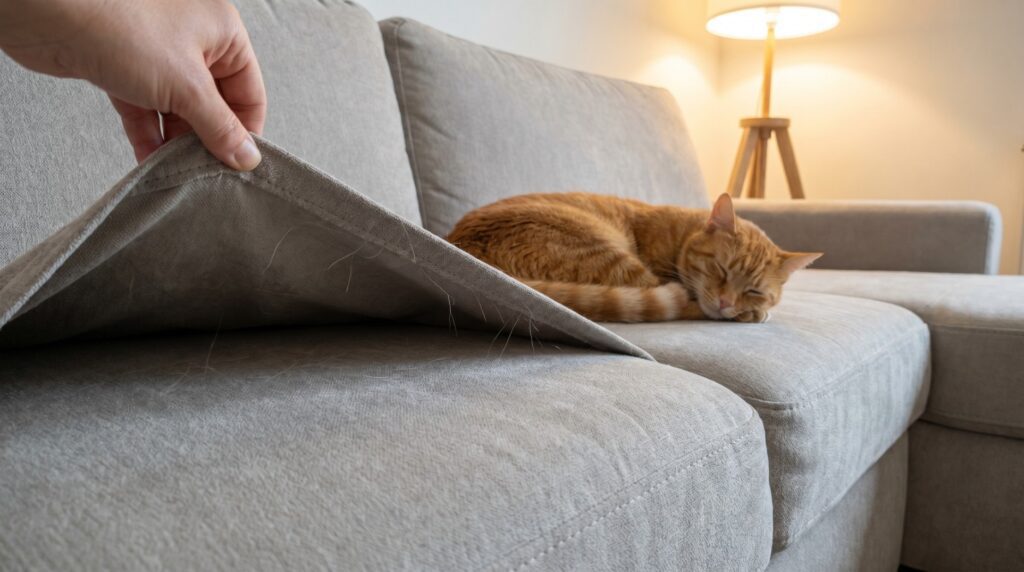Cat sitting on a microfibre sofa with a removable washable cover — ideal pet-friendly furniture choice