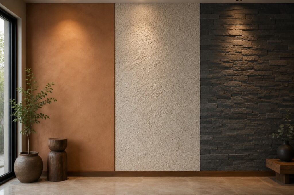 Clay plaster, hempcrete, and natural stone wall finishes for eco-friendly home interiors