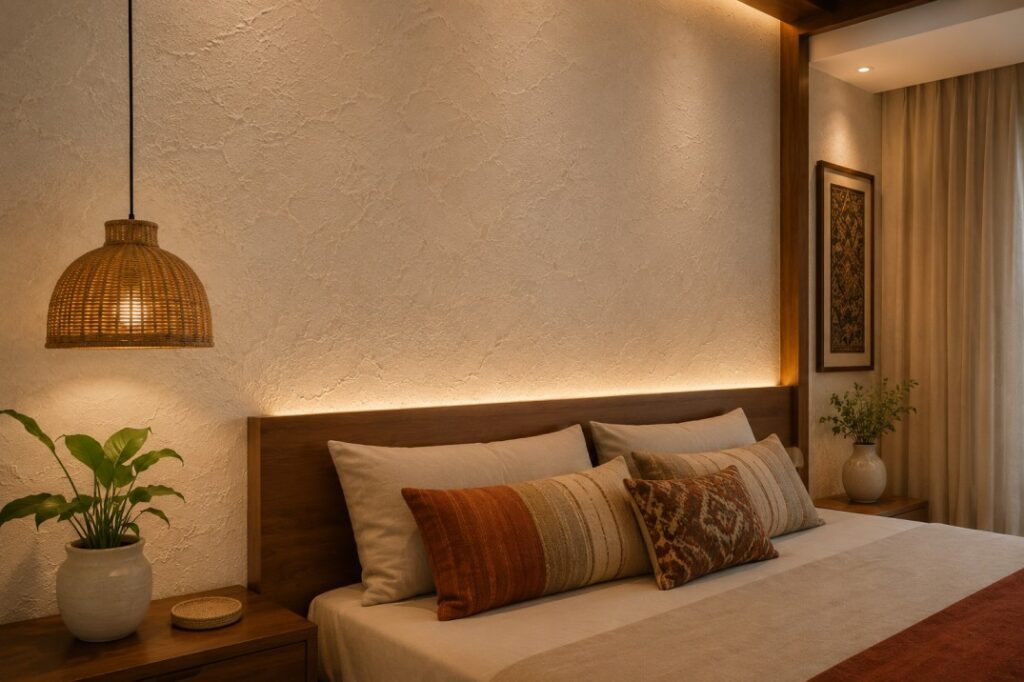 Knockdown wall texture design for Indian bedroom accent wall — Furnofy residential interiors