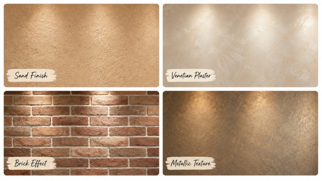 Types of wall texture finishes used in Indian homes — sand, Venetian plaster, brick, metallic | Furnofy