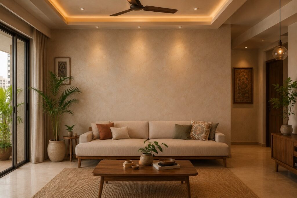 Venetian plaster wall texture design in a modern Indian living room — Furnofy Mumbai interiors