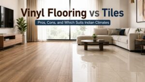 Vinyl flooring vs tiles India — side-by-side comparison in a modern living room | Furnofy