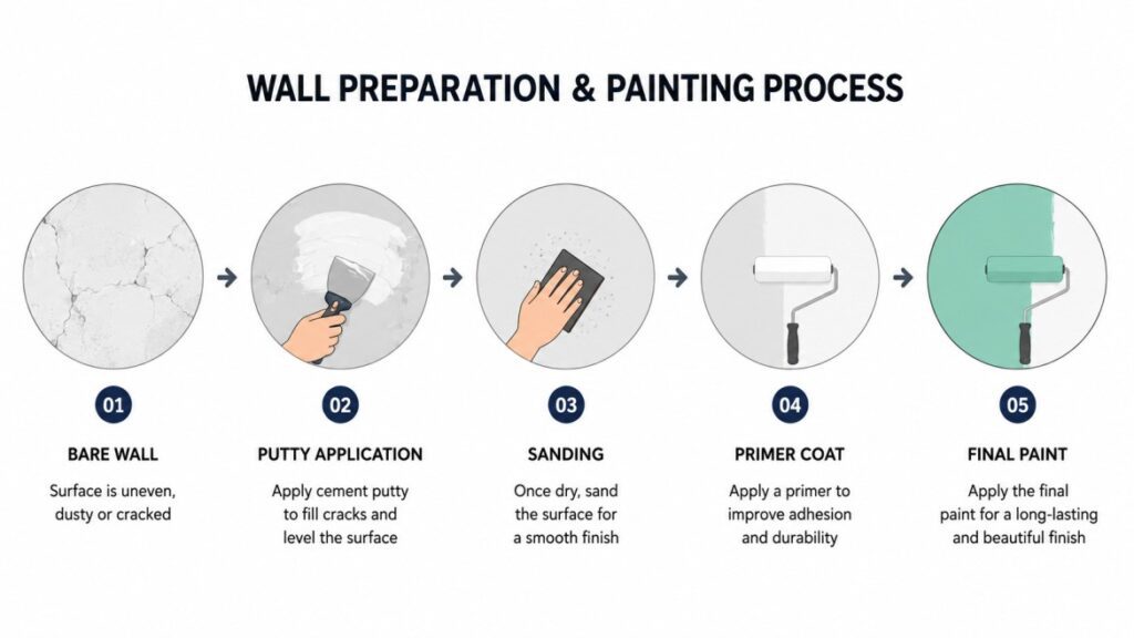 Infographic showing the correct order of wall putty, sanding, primer, and paint application