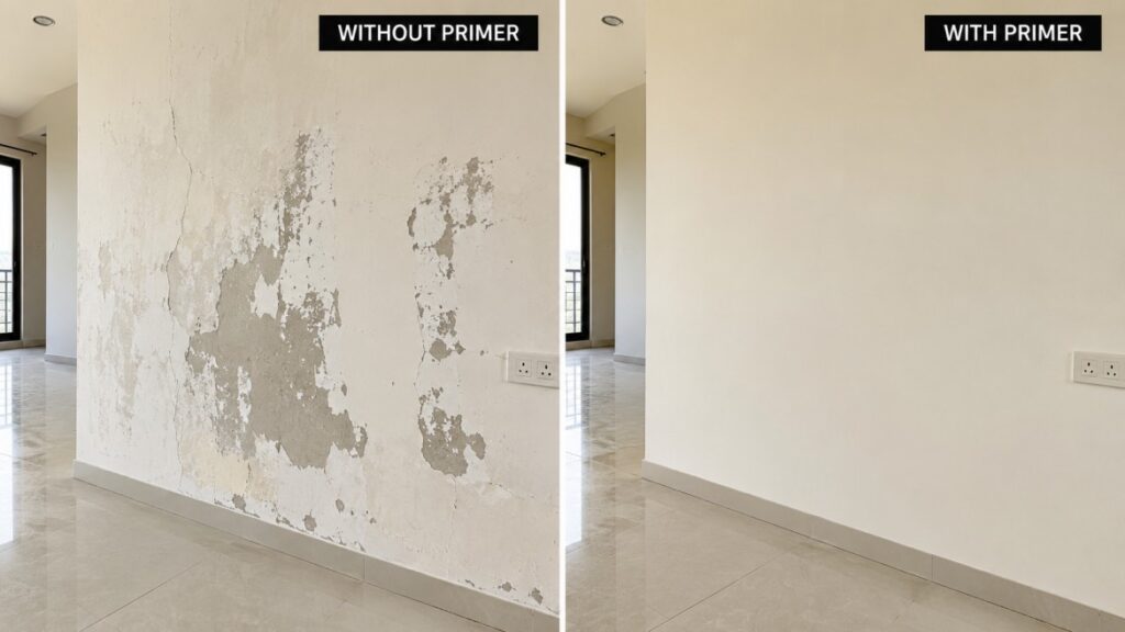 Comparison of a peeling wall from skipped primer versus a smooth properly primed wall