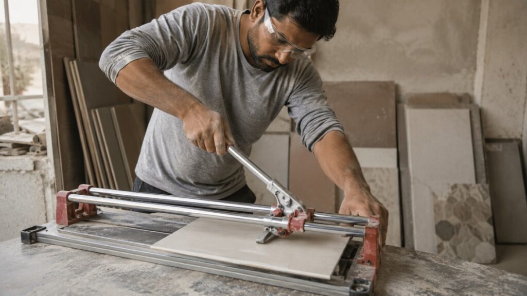 Cutting edge tiles with a manual tile cutter for a precise fit
