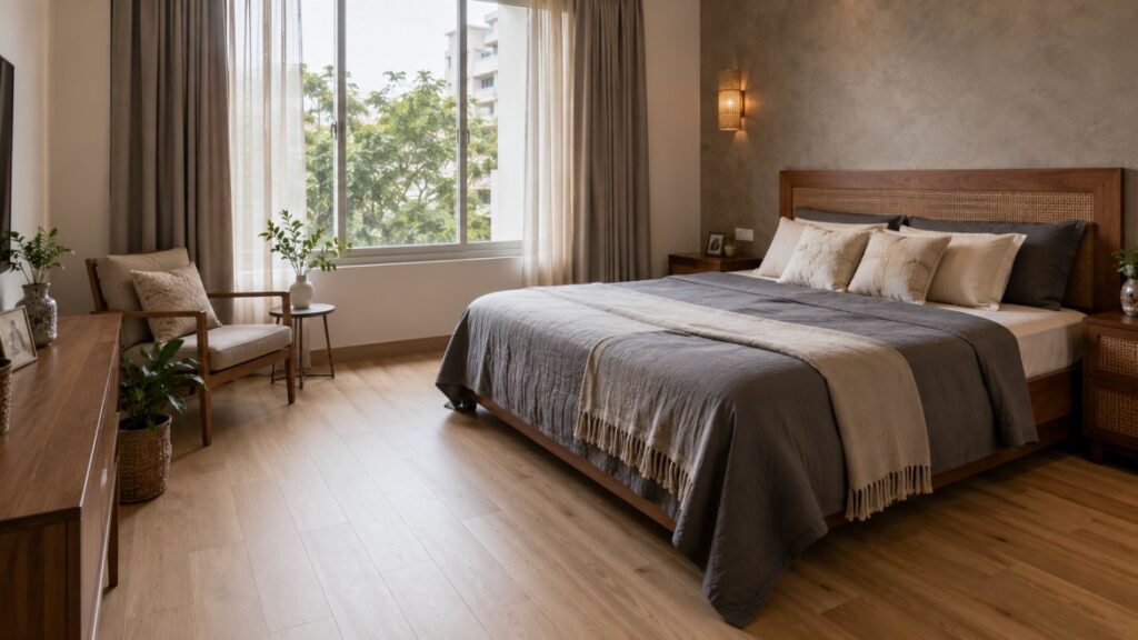 Engineered wood flooring India in a coastal city bedroom