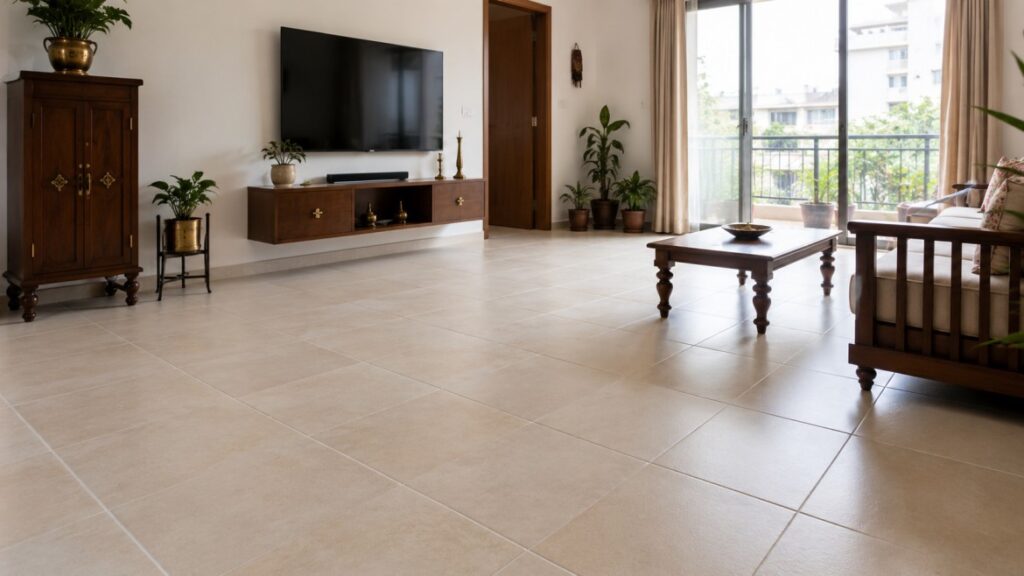 Finished grouted floor after completing the tile laying process India homeowners follow