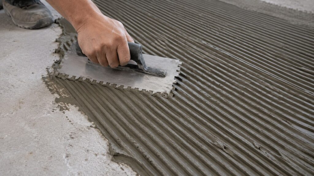 Notched trowel spreading tile adhesive during floor tile installation