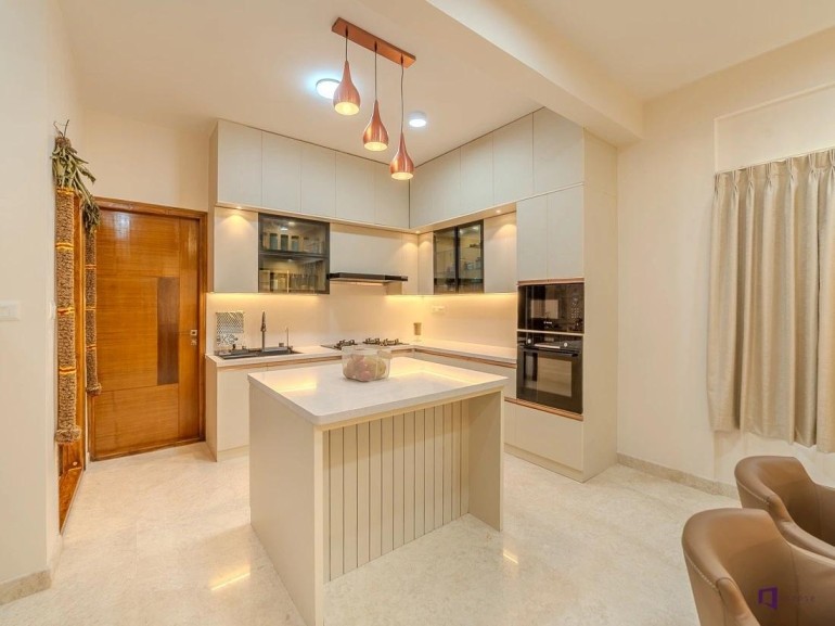 Quartz epoxy flooring for home India kitchen with seamless beige finish