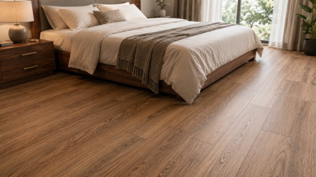 Vinyl plank flooring in an Indian bedroom — warm wood-look finish | Furnofy