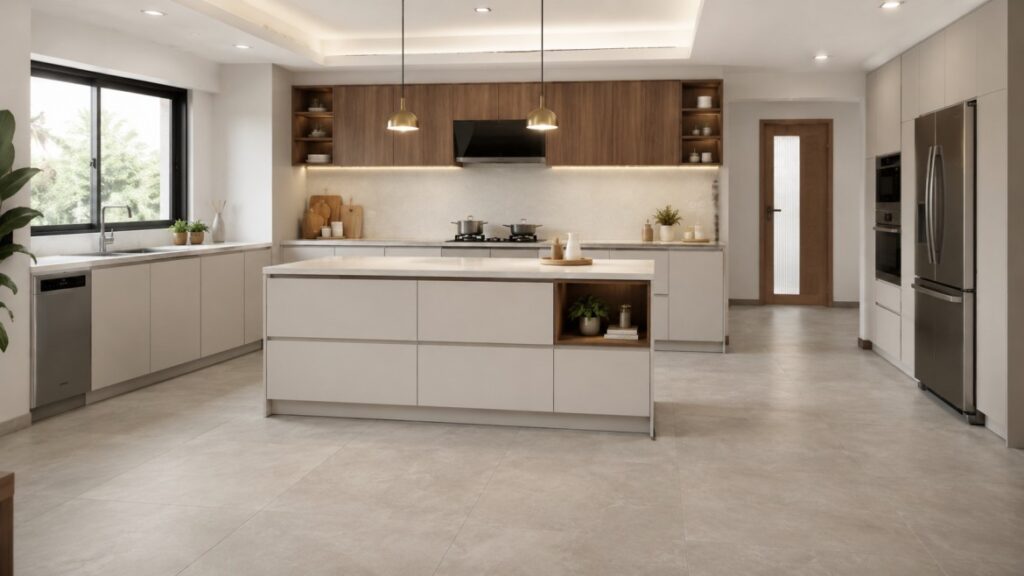 Vitrified tile flooring in a modern Indian kitchen — Furnofy residential interiors