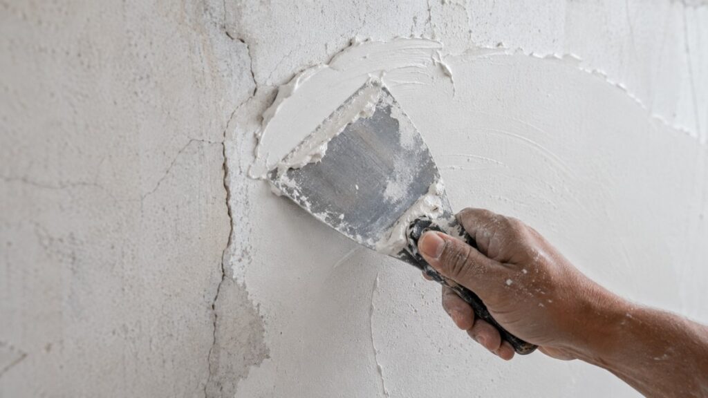 Close-up of wall putty being applied with a putty knife to fill cracks