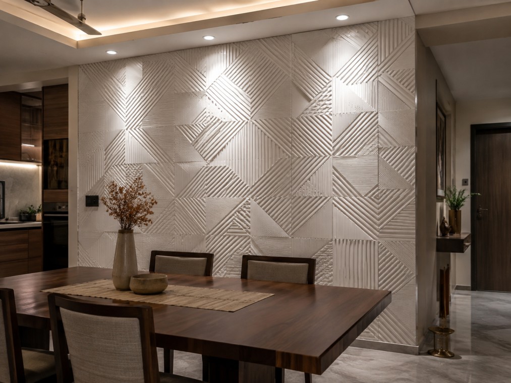 3D textured tile cladding design on a dining room wall