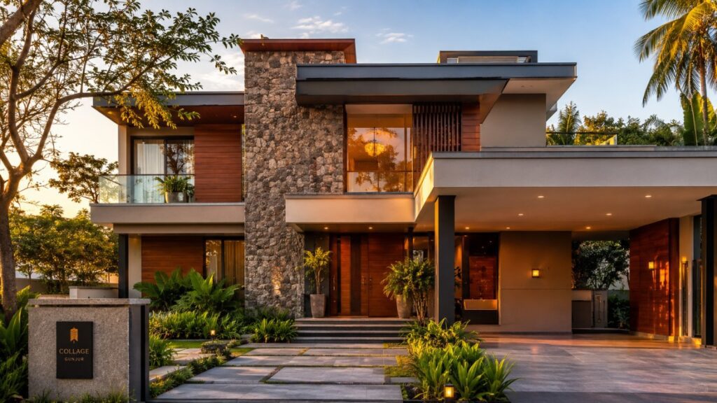Modern Indian home exterior with stone and wood cladding facade