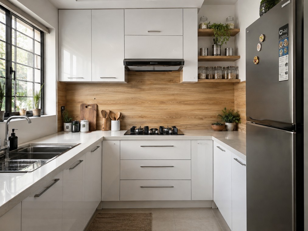 PVC wall cladding panels used as a kitchen splashback in an Indian home