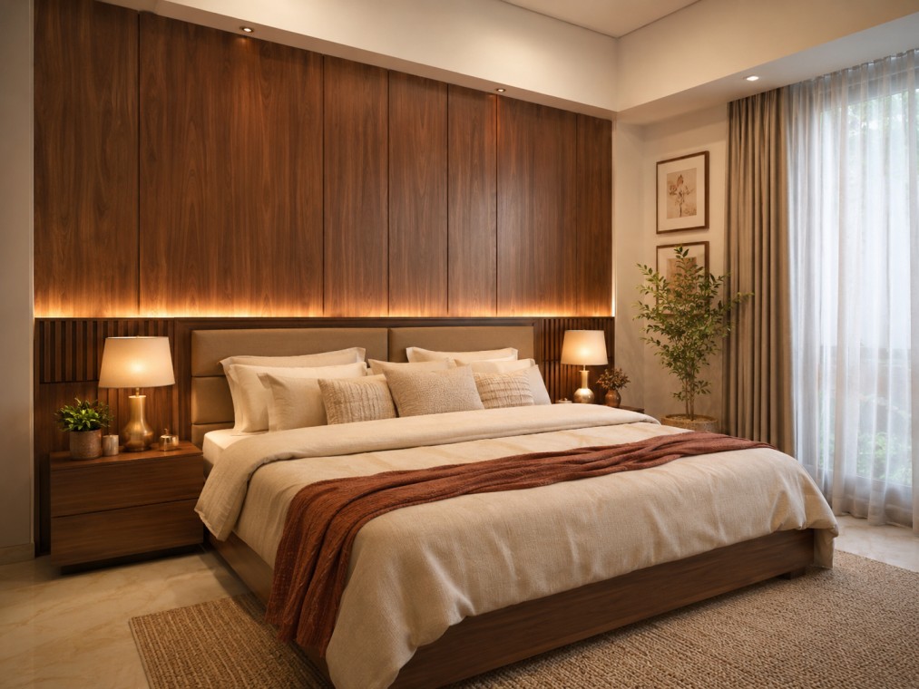 Wooden wall cladding accent wall behind a bed in an Indian bedroom