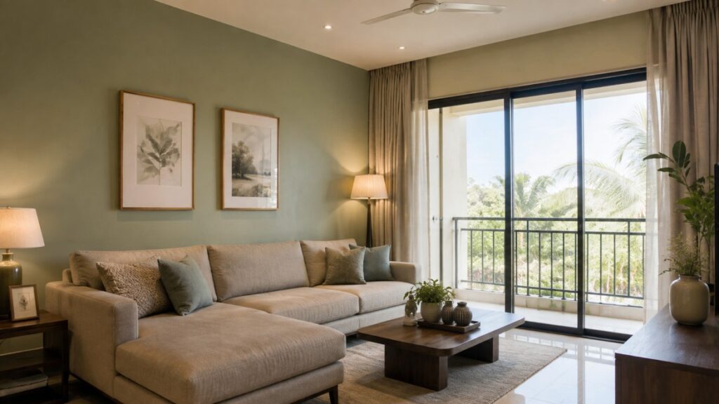 Eggshell paint finish for walls in a contemporary Indian living room