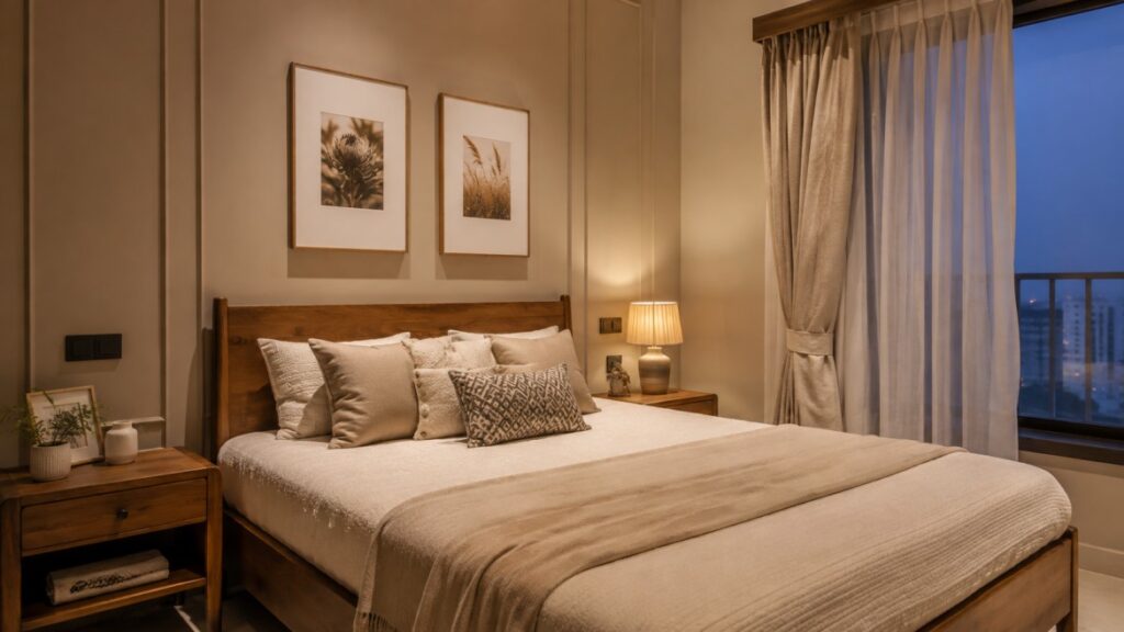 Matte paint finish on a bedroom wall in an Indian home