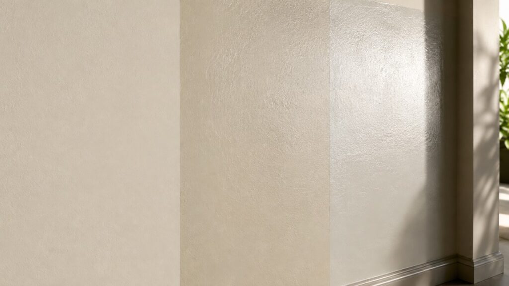 Comparison of matte, eggshell and satin paint sheen on wall swatches