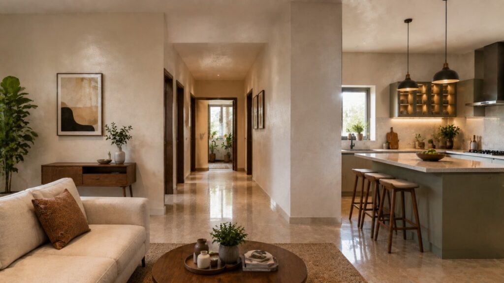Room-by-room wall paint finish selection in an Indian home