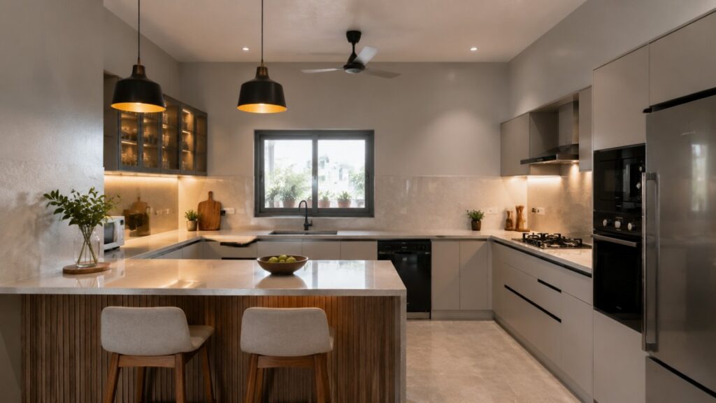 Satin wall paint finish in a modern Indian kitchen