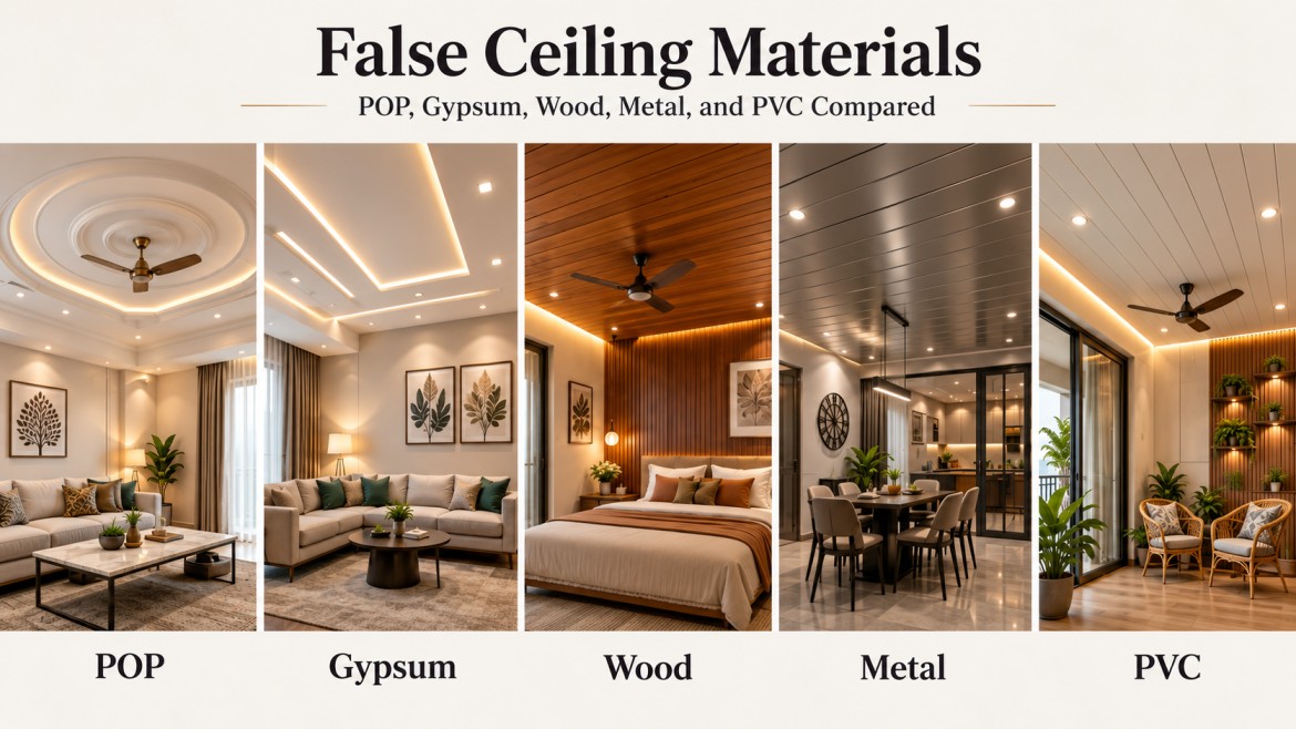 Read more about the article False Ceiling Materials: POP, Gypsum, Wood, Metal, and PVC Compared