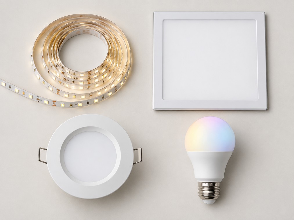 Different types of LED lights including strip lights, panels, downlights, and smart bulbs